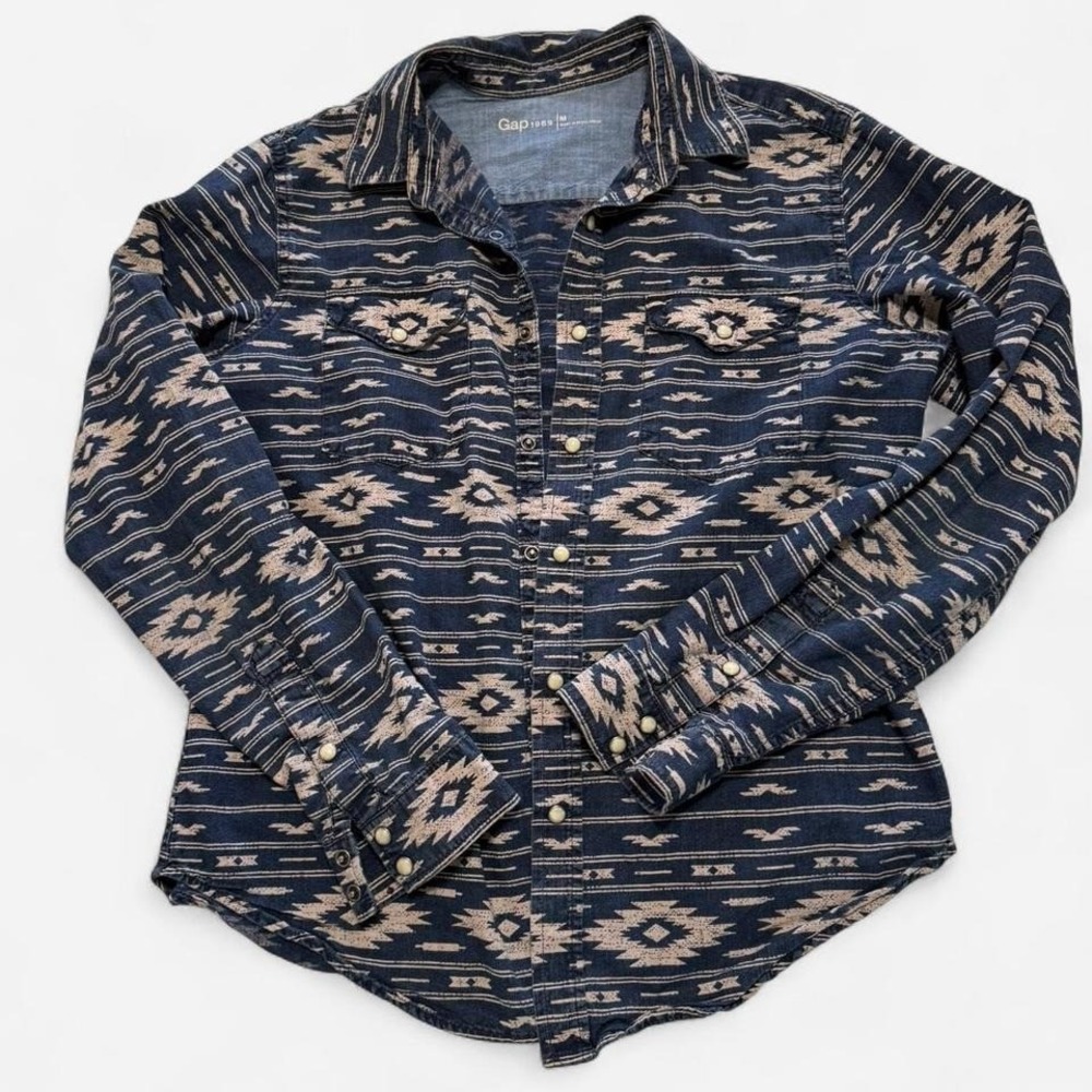 GAP Navy and Cream Aztec-Pattern Button Down Shirt
